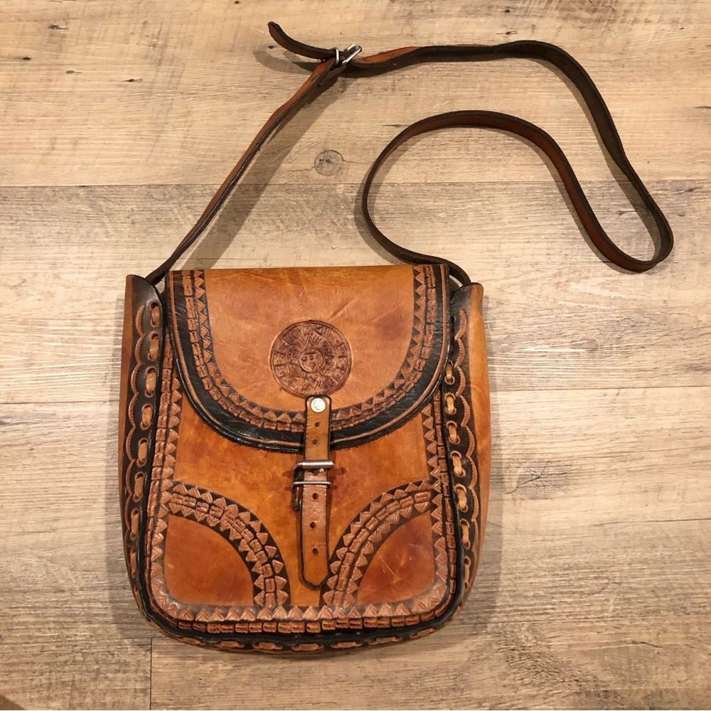 Vintage Leather Crossbody Satchel Bag with Tooled Mayan Sun & Geometric Design